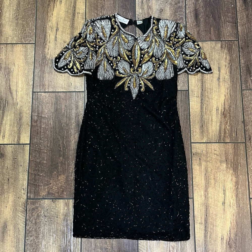 Laurence Kazar Size L Black Gold Silver Beaded Sequin Mini Dress 100% Silk